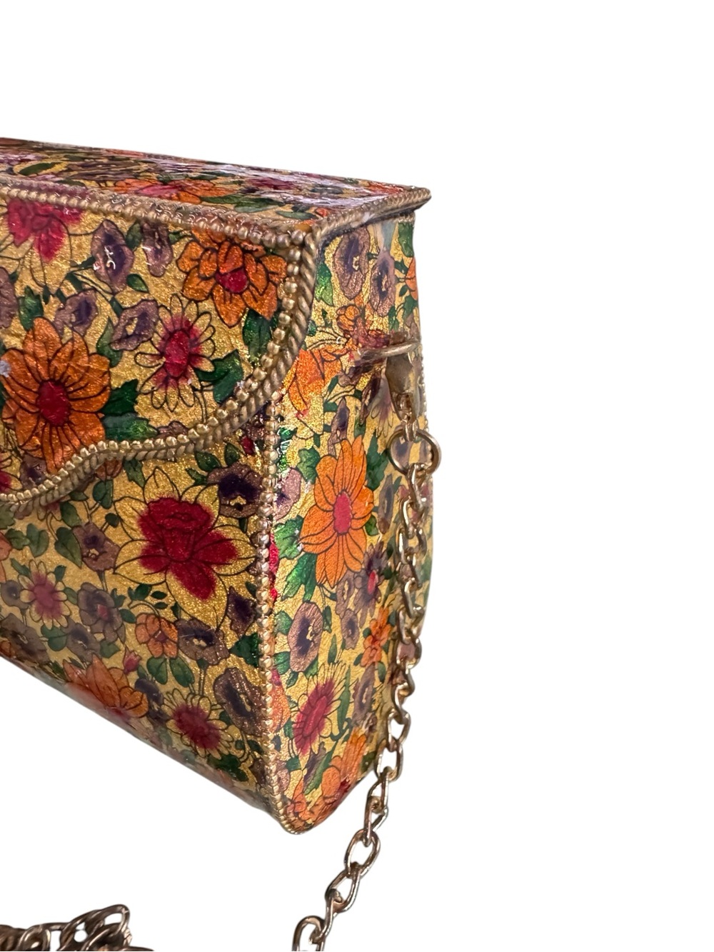 Vintage Antik Kraft Floral Decoupage Clutch Crossbody Chain Bag Boho Gold - Picture 5 of 11